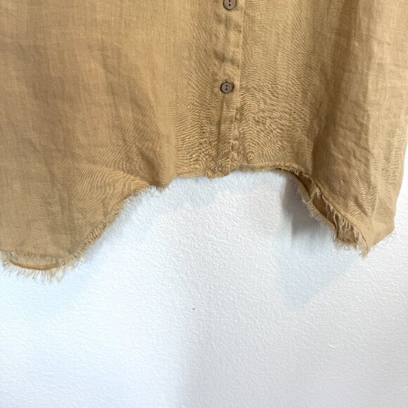 Linen Dress Gold Neutral Tan Lagenlook Pockets Button Front Beachy Small - Picture 8 of 14